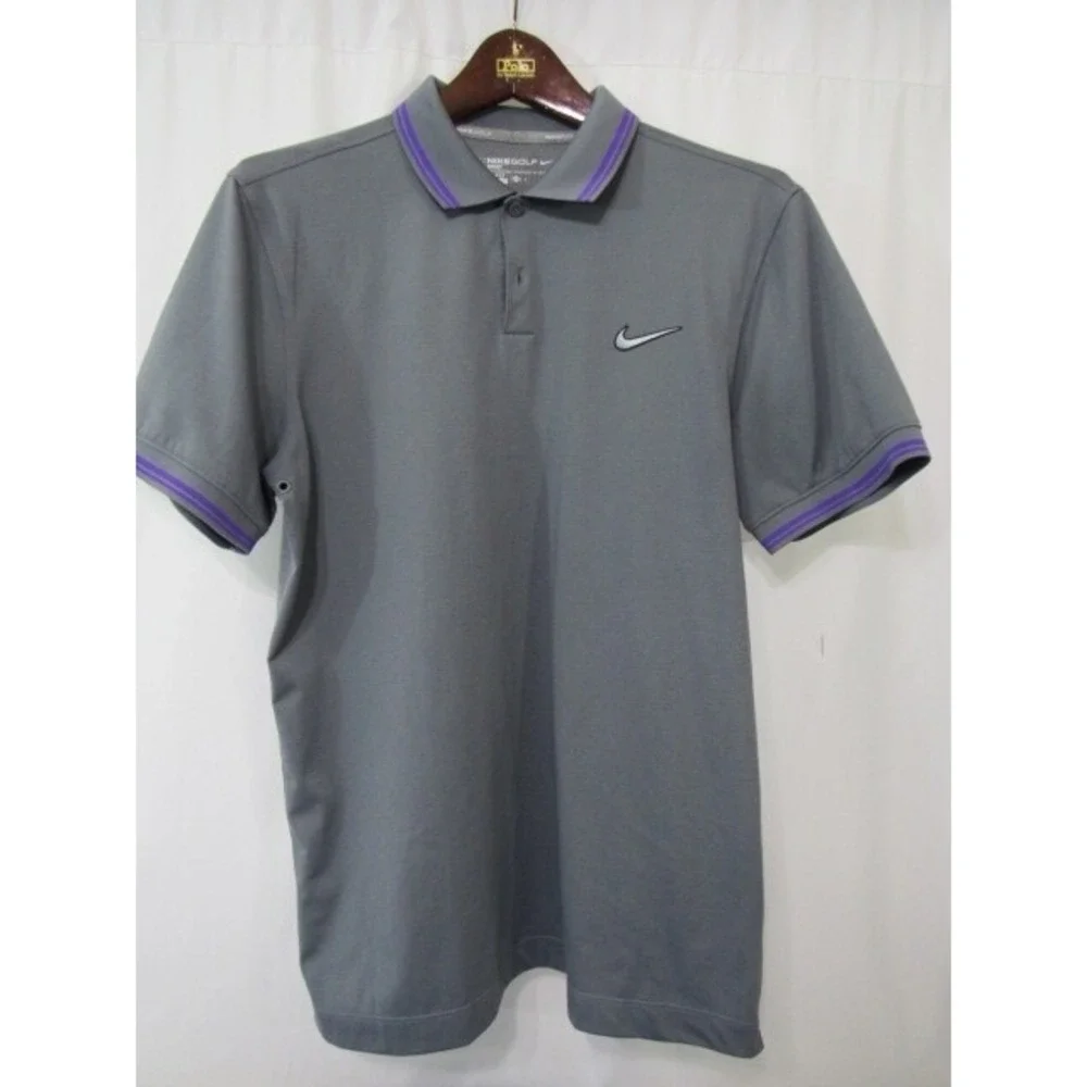 Nike Golf Dri-Fit Gray Purple Trim Air Hole Short Sleeve Polo Mens Sz M